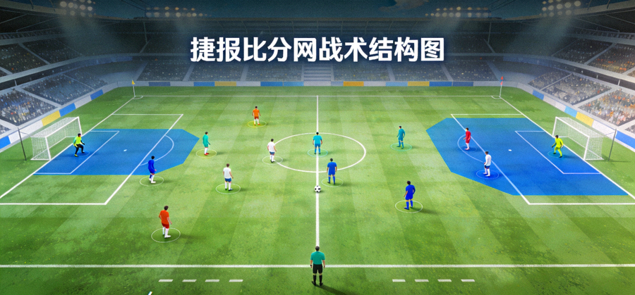 捷报比分网战术结构图示意：绿色草坪上标注首发阵容站位与防守覆盖区域的球场全景